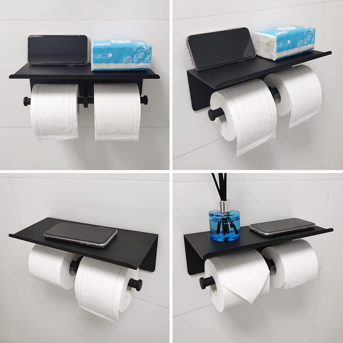 GZILA Double Toilet Paper Holder with Shelf Matte Black Wall Mounted, Dual Large Rolls Tissue Holder Multipurpose TP Dispenser, SUS 304 Stainless Steel