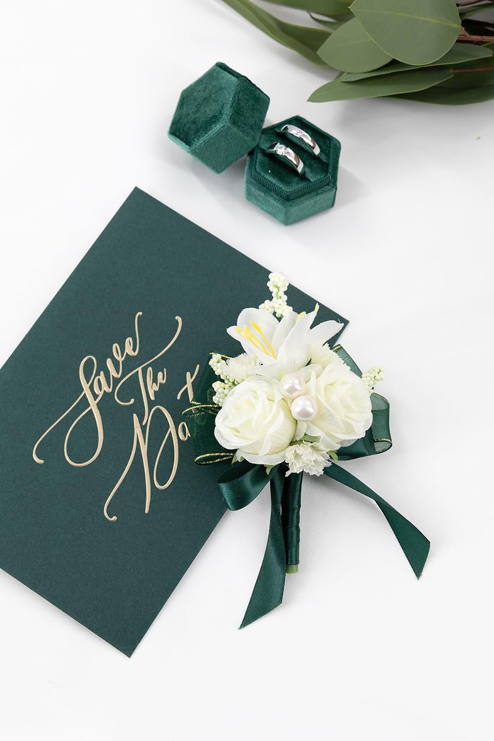 White Green Corsage and Boutonniere Set Prom Wrist Corsage Flower