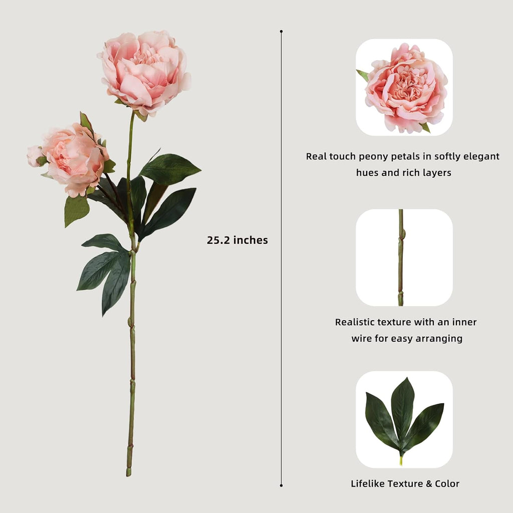 KBREE Real Touch Peonies Artificial Flowers, 25.2" Real Touch Latex Coated Flowers, 3 Peony Stems with 6 Large Blooms, Lifelike Peonies for Vase, Wedding Bouquet DIY & Home Decor (Coral Pink)