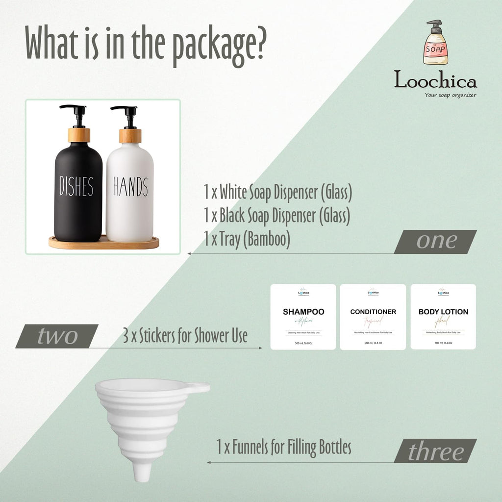 LOOCHICA 2 Pack Glass Soap Dispenser Set with Tray, Hand and Dish Glass Soap Dispensers for Kitchen Sink, Kitchen Soap Dispenser Set Suitable for Black and White Kitchen Decor