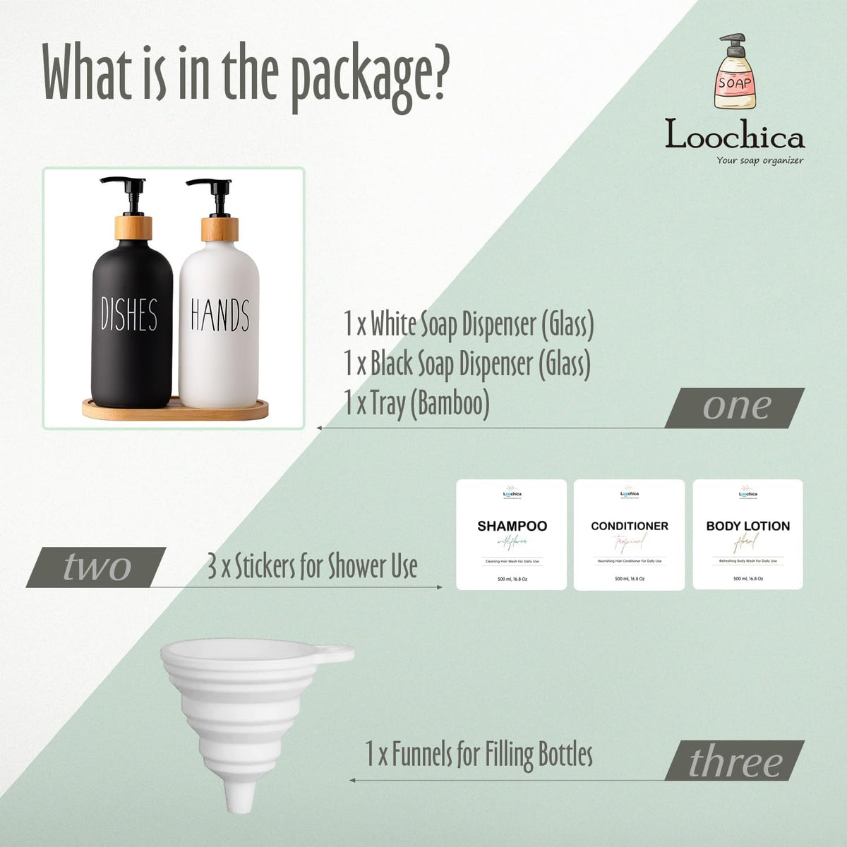 LOOCHICA 2 Pack Glass Soap Dispenser Set with Tray, Hand and Dish Glass Soap Dispensers for Kitchen Sink, Kitchen Soap Dispenser Set Suitable for Black and White Kitchen Decor