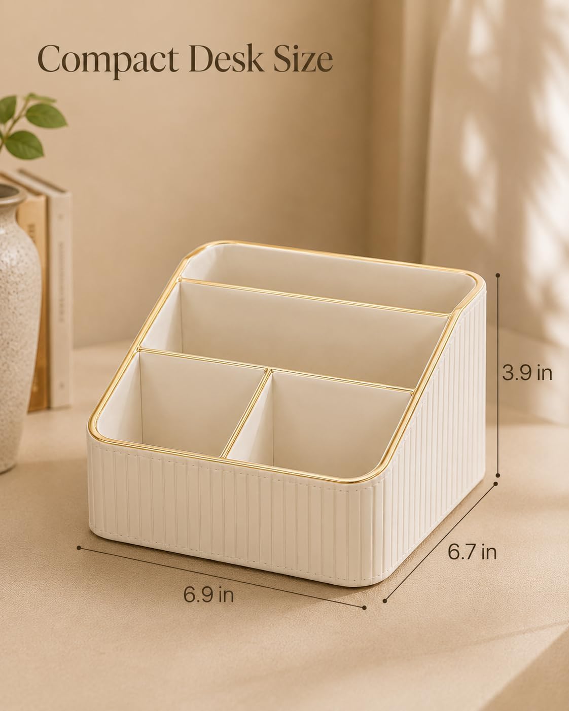 KINGFOM PU Leather Remote Control Holder, 4 Compartment Nightstand Organizer with Gold Trim, Small Desk Organizer for Office Supplies, Phone, Glasses, Pens, Bedside Table, Living Room Decor White