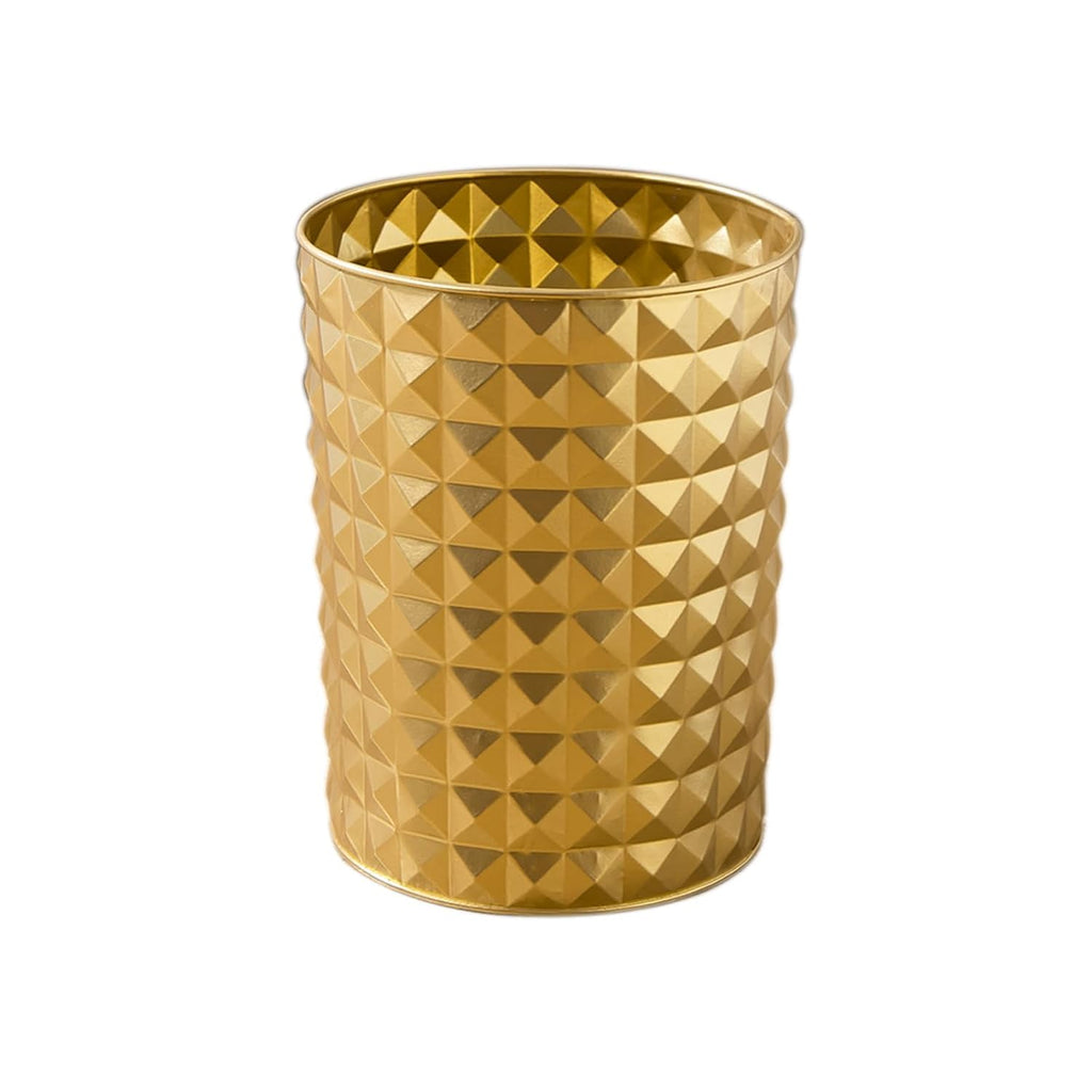 Venalys Small Round Metal Trash Can Wastebasket, Decorative Diamond Pattern Garbage Can Waste Paper Bin, Modern Farmhouse Round Trash Bin for Bathroom, Bedroom, Kitchen and Office (Gold)