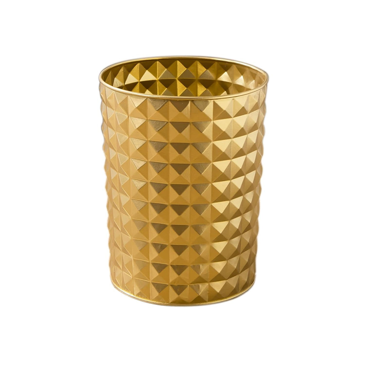 Venalys Small Round Metal Trash Can Wastebasket, Decorative Diamond Pattern Garbage Can Waste Paper Bin, Modern Farmhouse Round Trash Bin for Bathroom, Bedroom, Kitchen and Office (Gold)