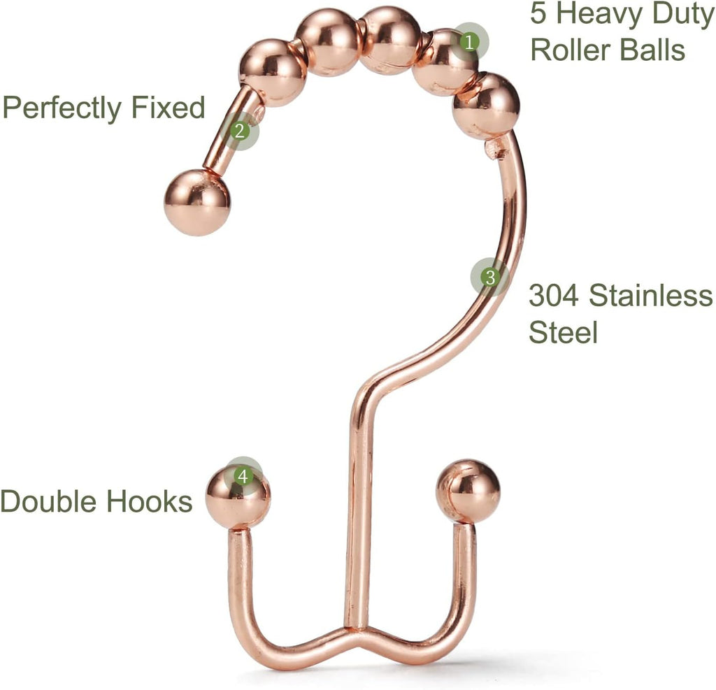 Shower Curtain Hooks, Goowin Shower Curtain Rings, Stainless Steel Shower Curtain Hooks Rust Proof Free Sliding Double Shower Hooks for Curtain, Shower Curtains & Liners (Rose Gold)
