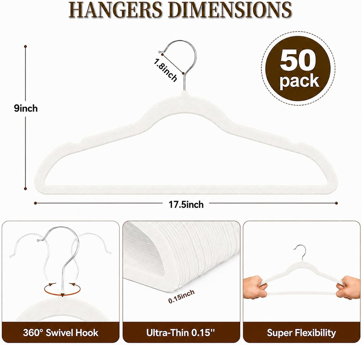 Velvet Felt Hangers 50 Pack, Non Slip, Slim, Space Saving, White