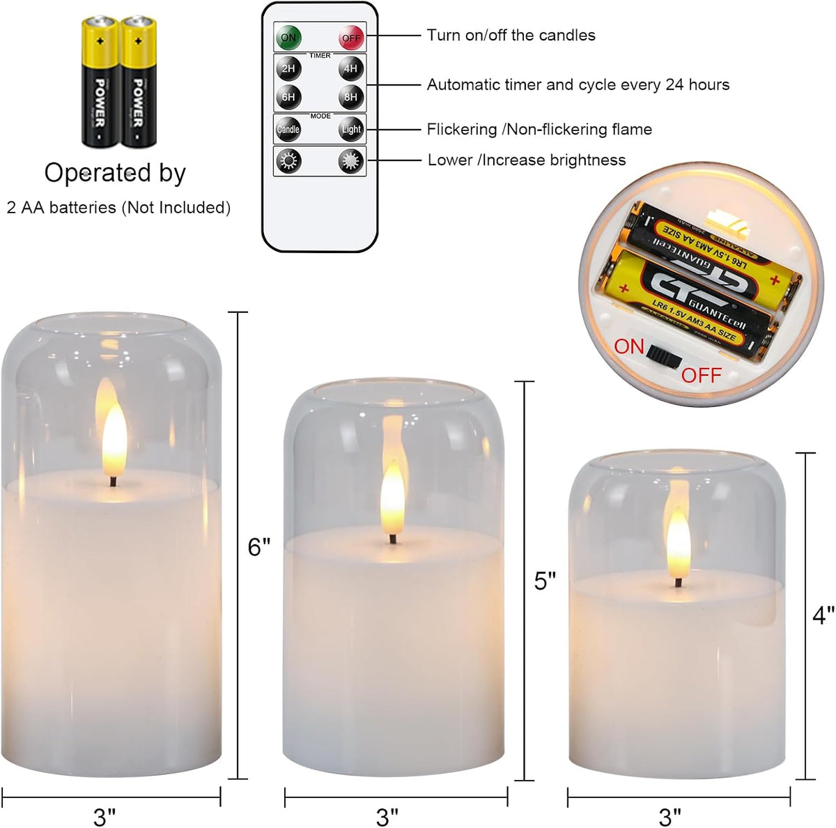 GenSwin Clear Glass LED Flameless Candles with Remote Timer