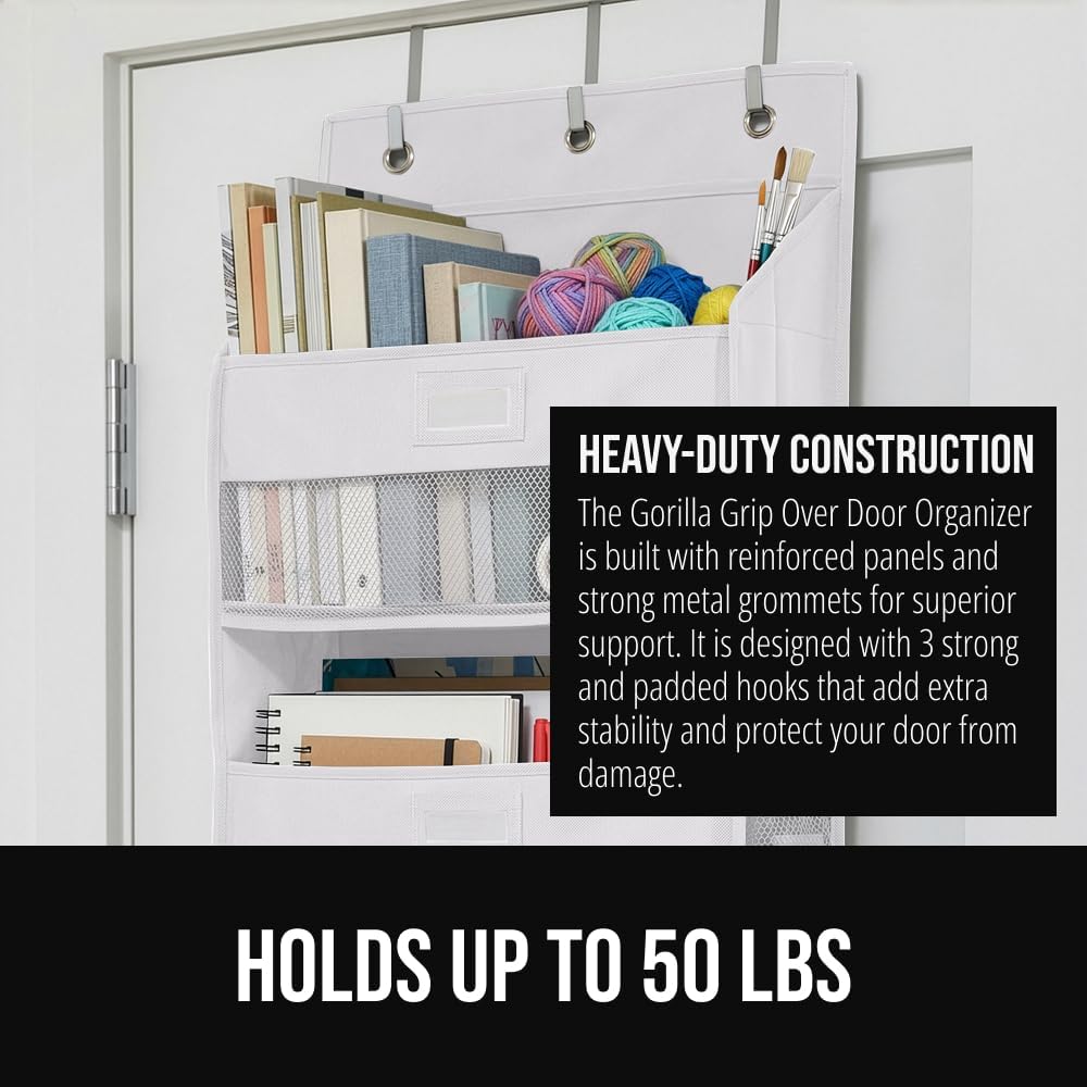 GORILLA GRIP Over The Door Organizer Storage, 5 Deep Hanging Shelves, Holds 50lbs, Closet Organizers Shelf for Bedroom, Shoes, Bathroom, Nursery, Dorm Essentials, 3 Metal Hooks, 58x15 Inches, White