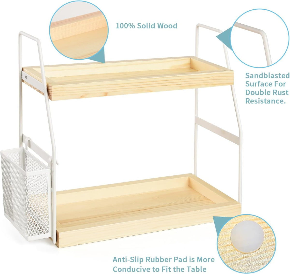 Bathroom Counter Organizer, 2-Tier Standing Storage Shelf with Basket, Wood Tray for Skincare Vanity Organizer(White)