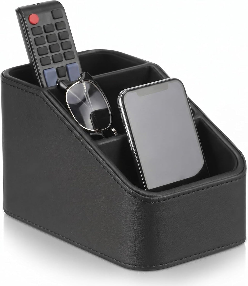 PU Leather Remote Control Holder, TV Remoter Caddy Desktop, Remote Caddy Box with 3 Compartments for Nightstand Bedside Table Couch Desk, Small Storage Organizer for Glasses, Cosmetics, Office Supply