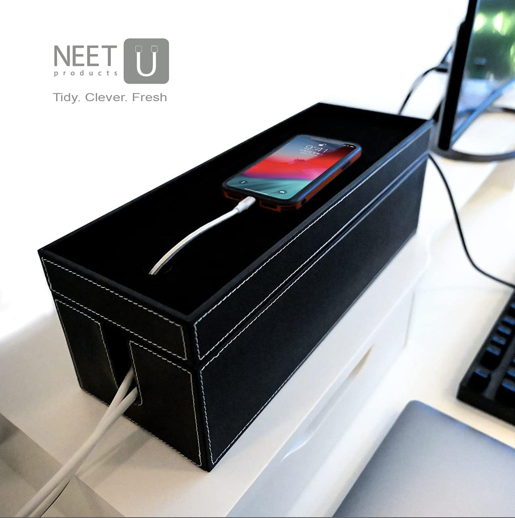NEET Cable Management Box Large, Computer Cord Organizer, Hide and Conceal, Power Cable Organizer, Computers and Desks, Black Stitched Leather