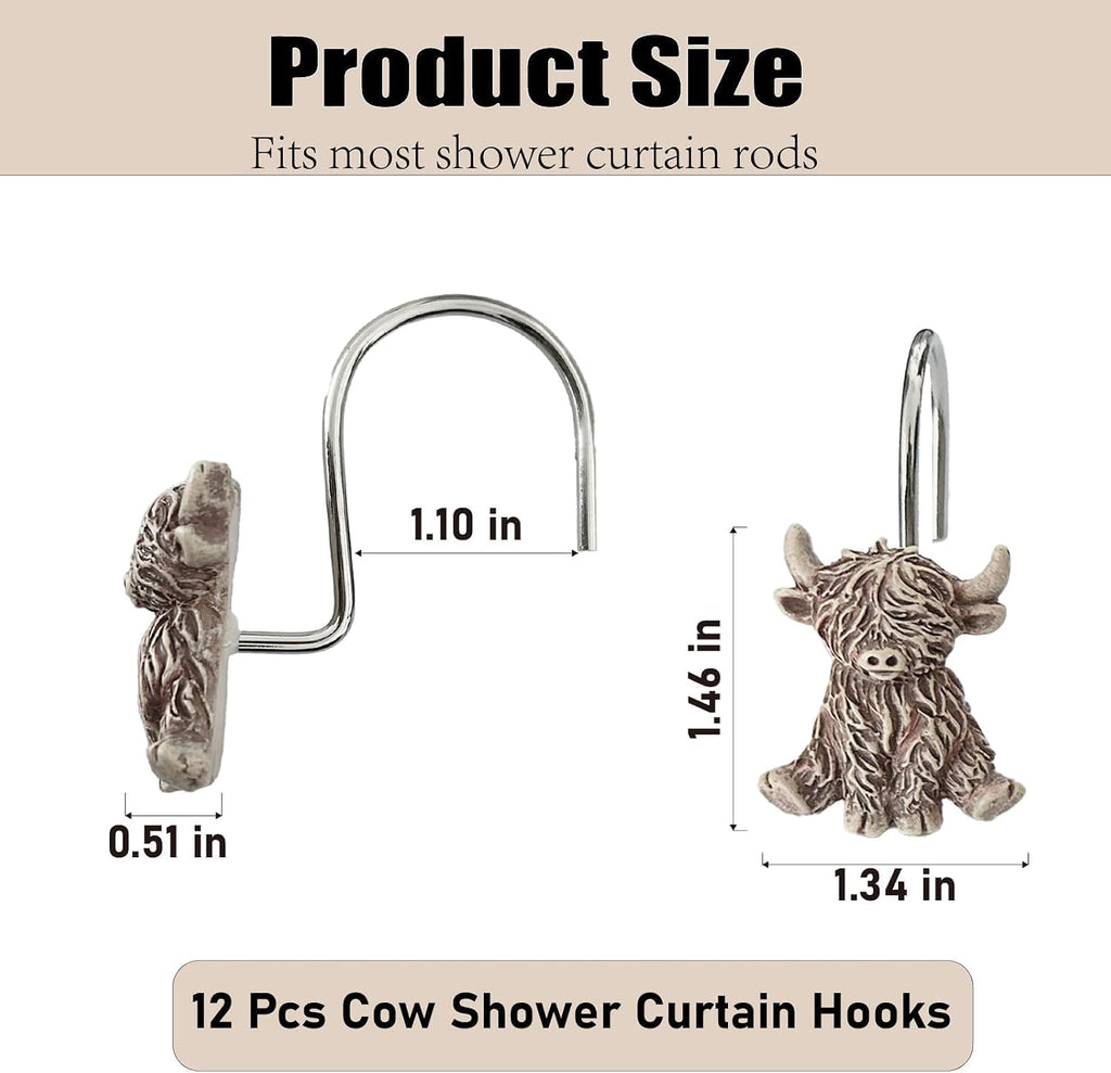 12 Pcs Highland Cow Shower Curtain Hooks for Western Rustic Bathroom Decor