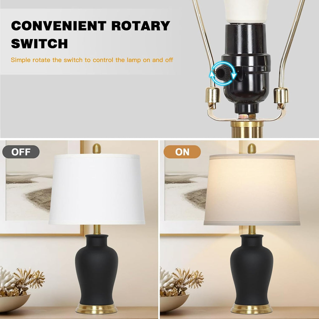 23" Modern Black Ceramic Table Lamps Set of 2, Farmhouse Table Lamps for Living Room, Classic Bedside Lamp with Ginger Jar Design, Elegant Bedroom Lamp for Night stand Desk Side End Table Home Decor