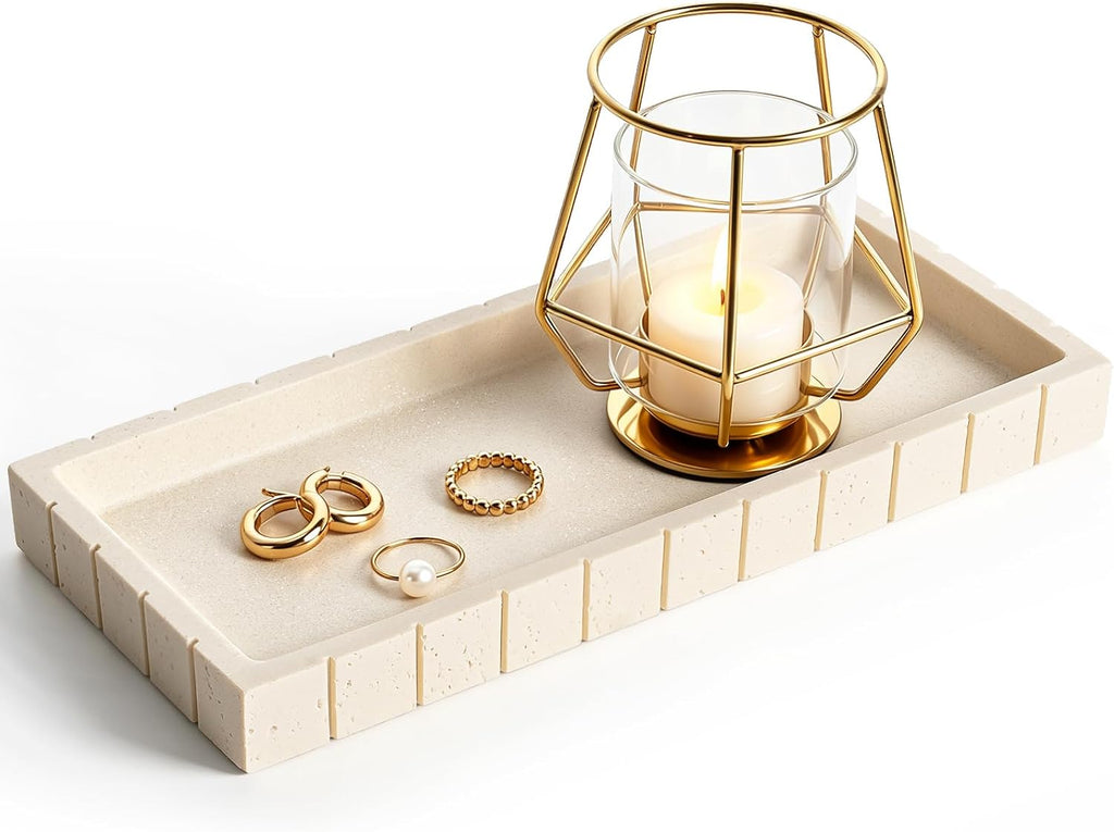 Decorative Bathroom Tray for Counter Stone Perfume Tray for Vanity, Beige