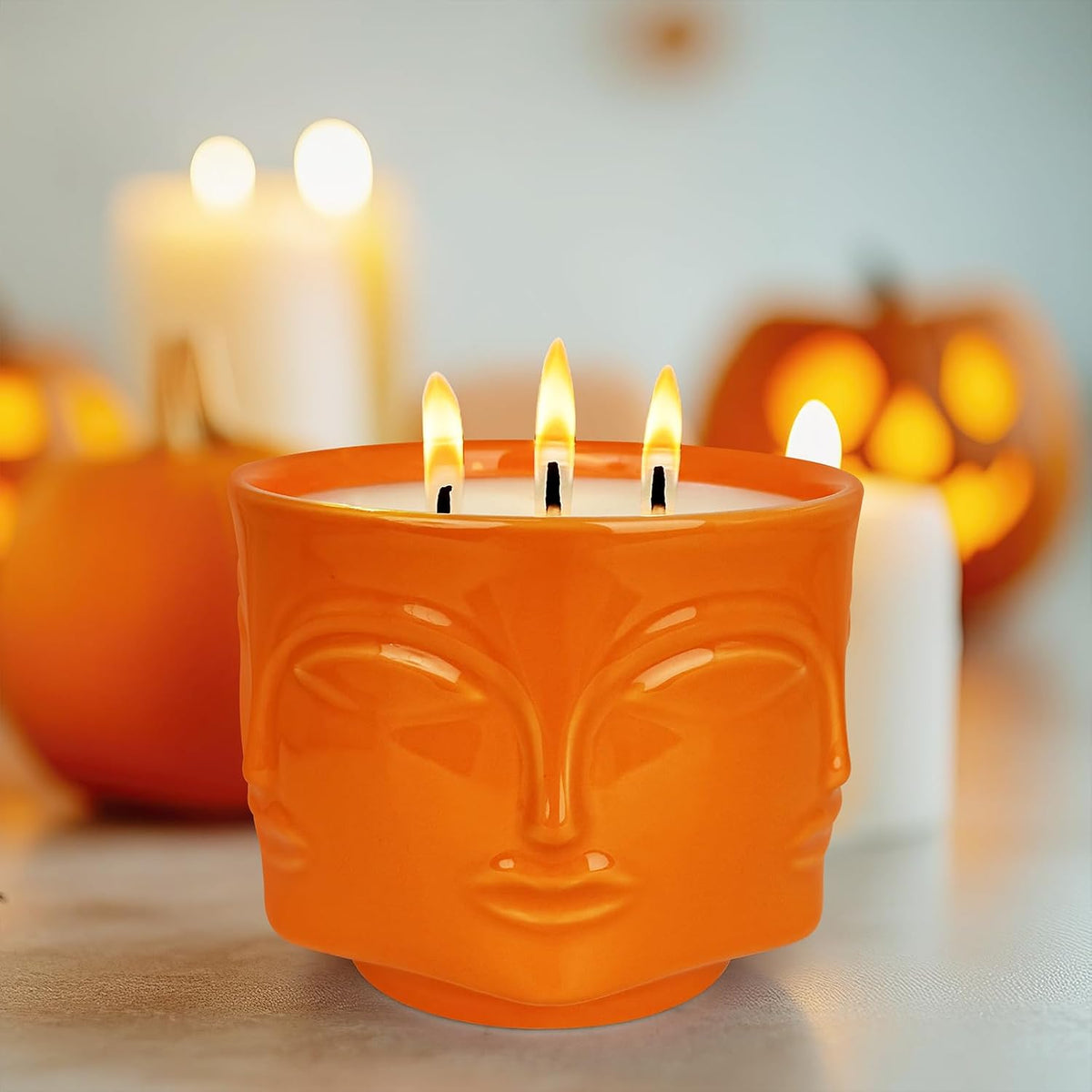 Strong Pumpkin 3 Wick Orange Large Candle, 20oz, Ceramic, Outdoor Scented Candles, 100% Soy, for Home Scented, Yoga, Meditation, Patio, Table Decor, Beautiful Candle Jars