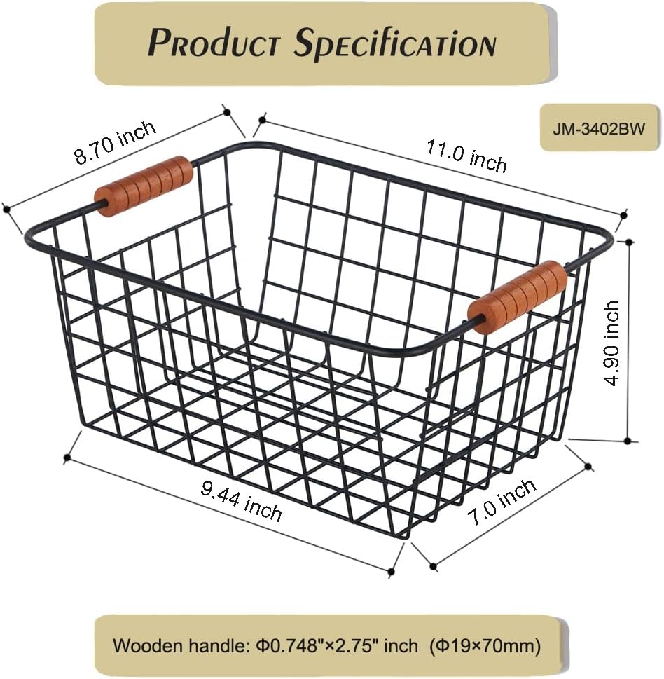 JUNCHU CHERRY Wire Kitchen Storage Basket 2 Packs,Perfect Pantry Organization Accessories Baskets,Laundry Basket,With a Wooden handle,Suitable for Kitchen,Bathroom,Bedroom,Tabletop,Stackable,Black