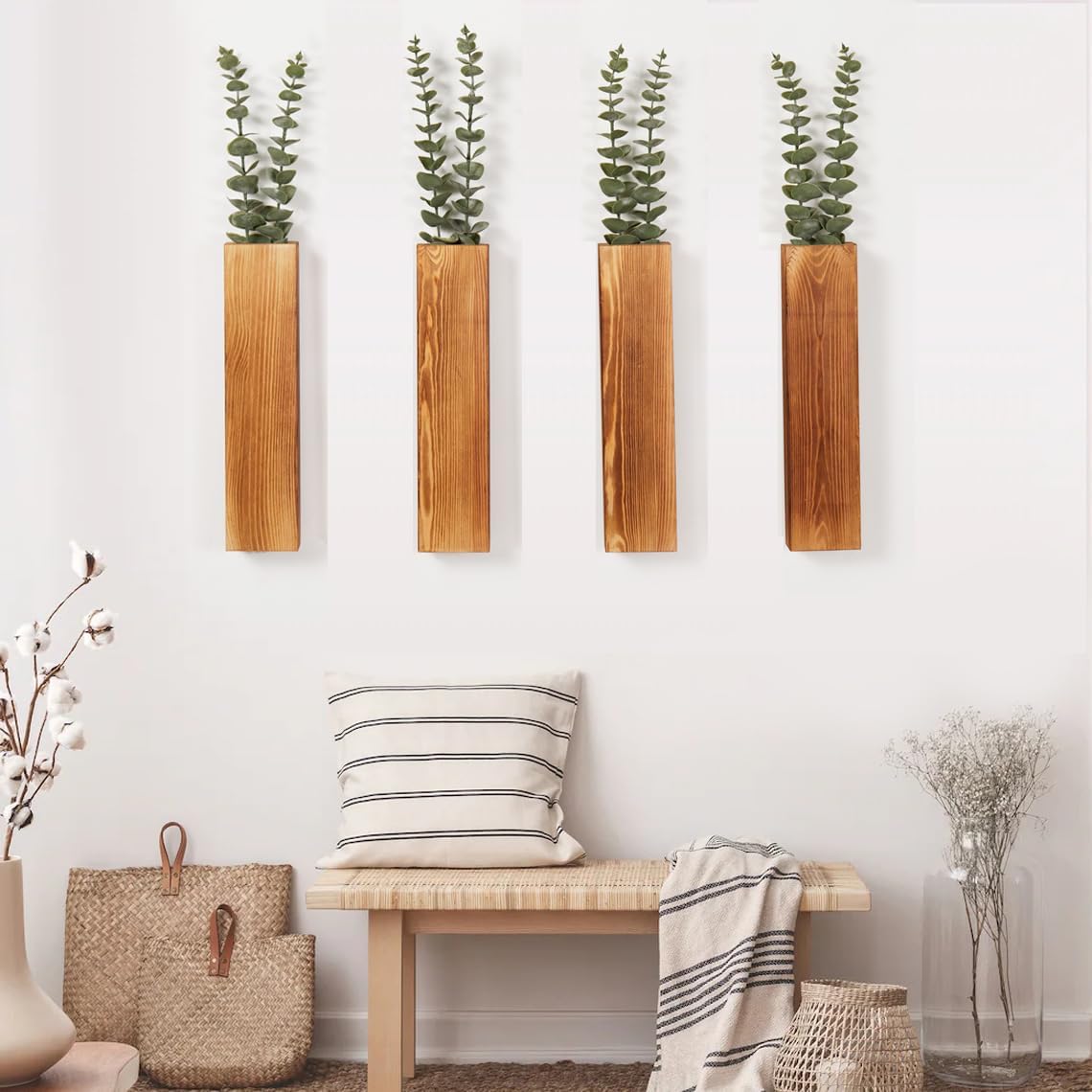 4 Pack Wooden Wall Planters with Faux Eucalyptus Stems for Wall Decor