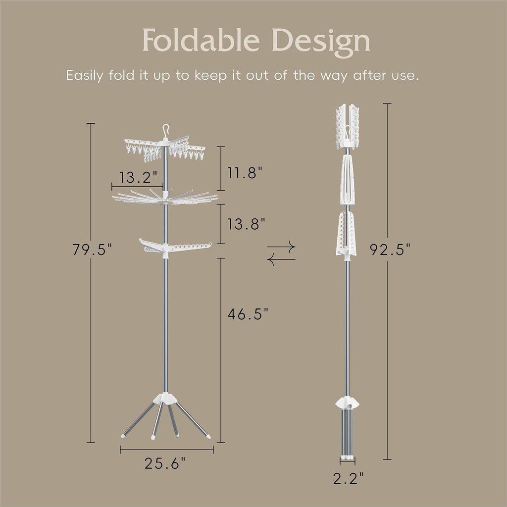 Beaudaily Clothes Drying Rack, Foldable 79.5-Inch Laundry Drying Rack,3 Tie, with Rotatable Arms, Stainless Steel, Holds 27 Clothes,8 Towels and 24 Clips for Hanging Socks, White and Silver