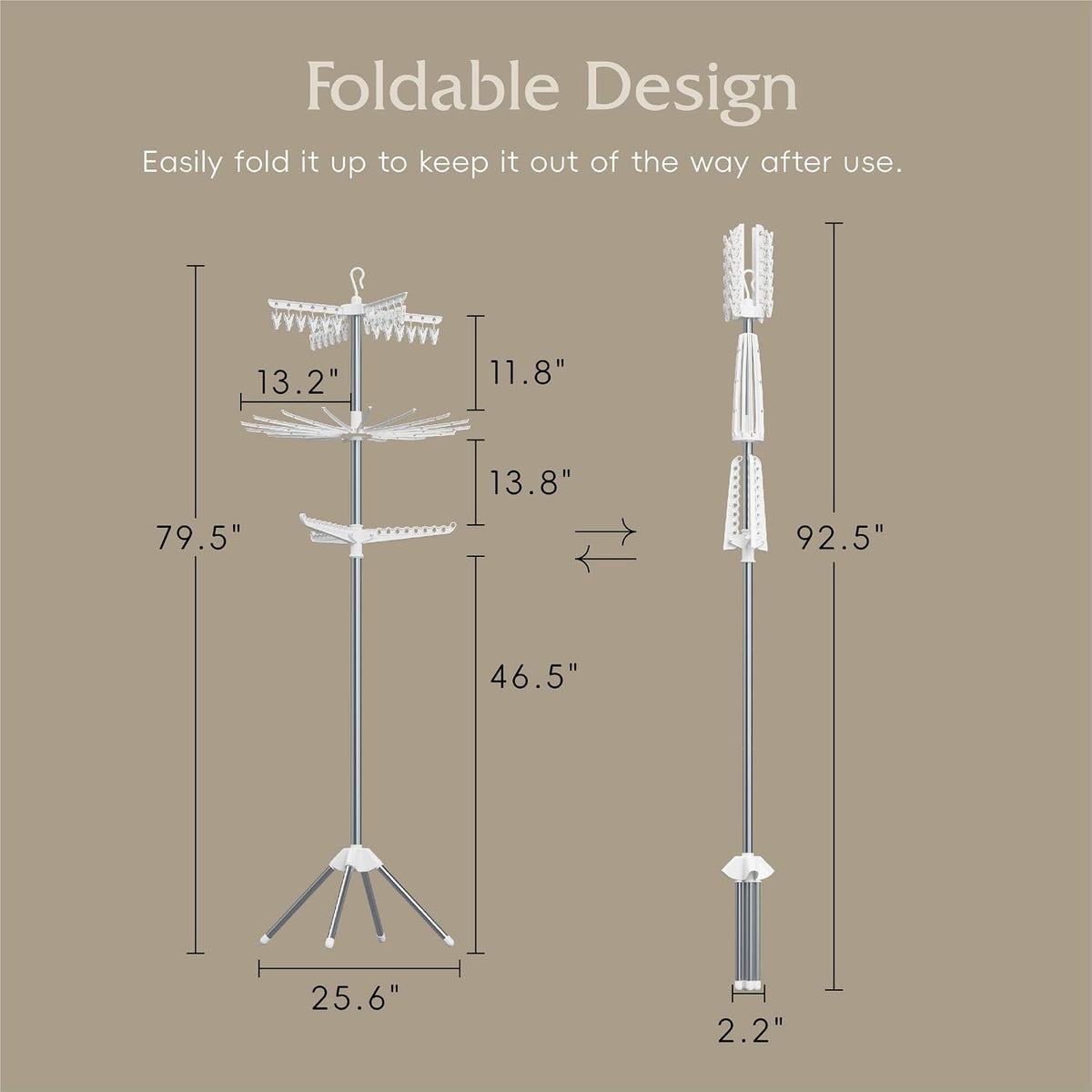 Beaudaily Clothes Drying Rack, Foldable 79.5-Inch Laundry Drying Rack,3 Tie, with Rotatable Arms, Stainless Steel, Holds 27 Clothes,8 Towels and 24 Clips for Hanging Socks, White and Silver