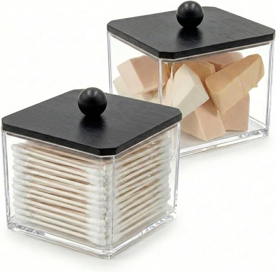 SheeChung 2 Pack Square Acrylic Qtip Holder with Black Wood Lid