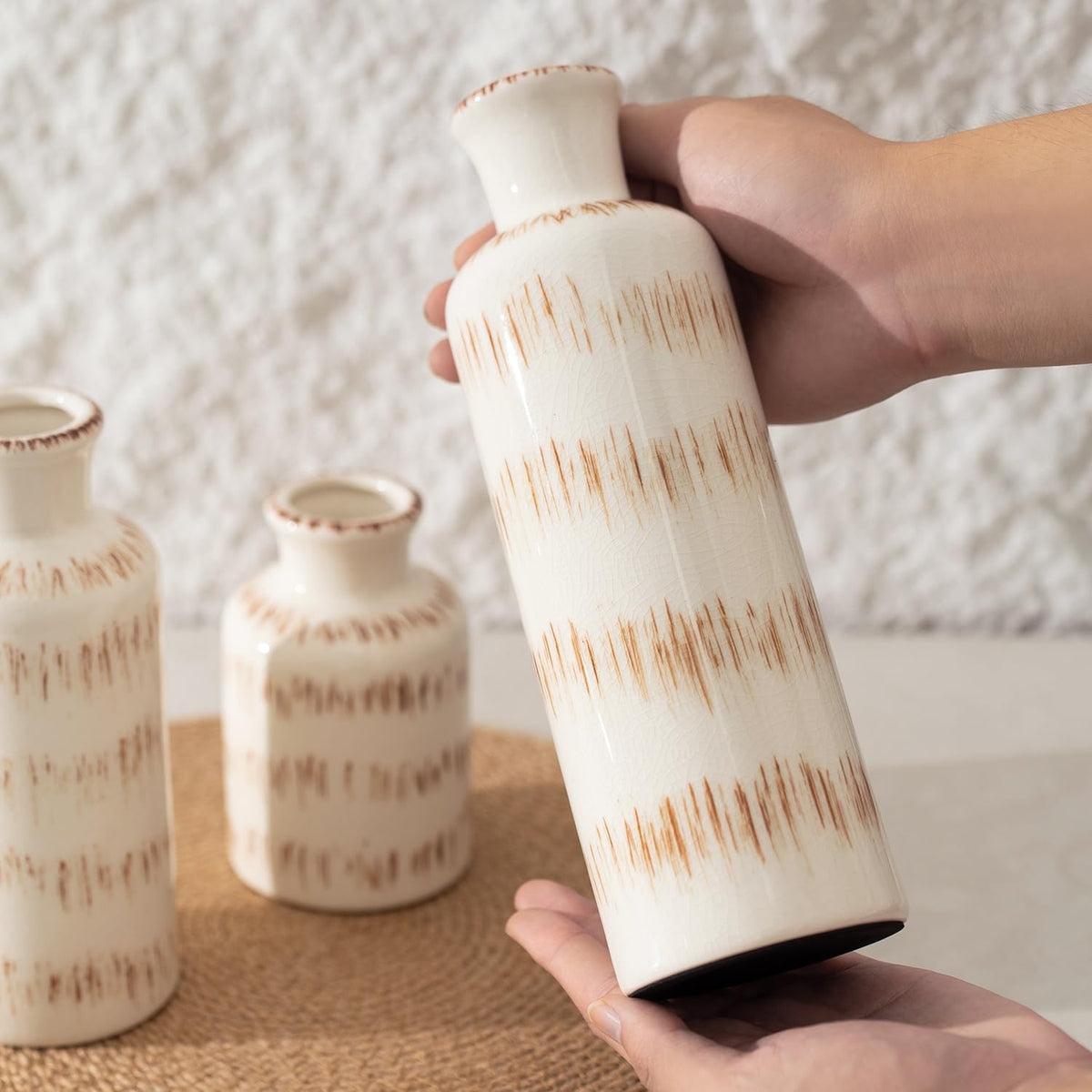 Vintage Ceramic Flower Vase Set of 3, Rustic Farmhouse Vase for Home Decor, Distressed Decorative Vase for Table Entryway Mantel Centerpiece Living Room Bathroom Bedroom (Ivory Vein)