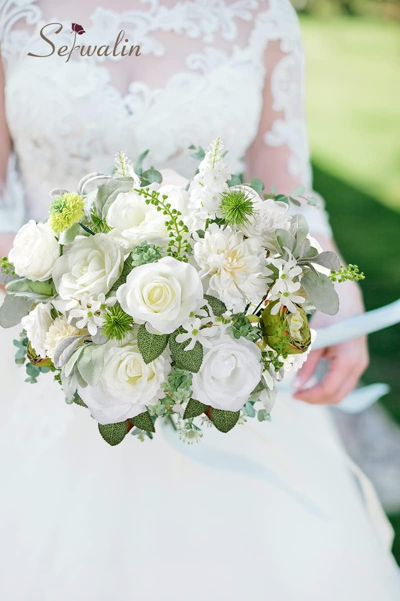 Serwalin White Artificial Flowers Combo, Silk Rose Flowers for Wedding