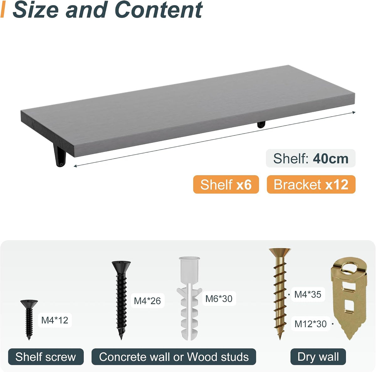SKYSEN Floating Shelves for Wall Set of 6, 15.7in Wood Wall Shelf for Decor, Bathroom, Bedroom, Storage, Book,Kitchen, Living Room - Grey(fs-40-g)