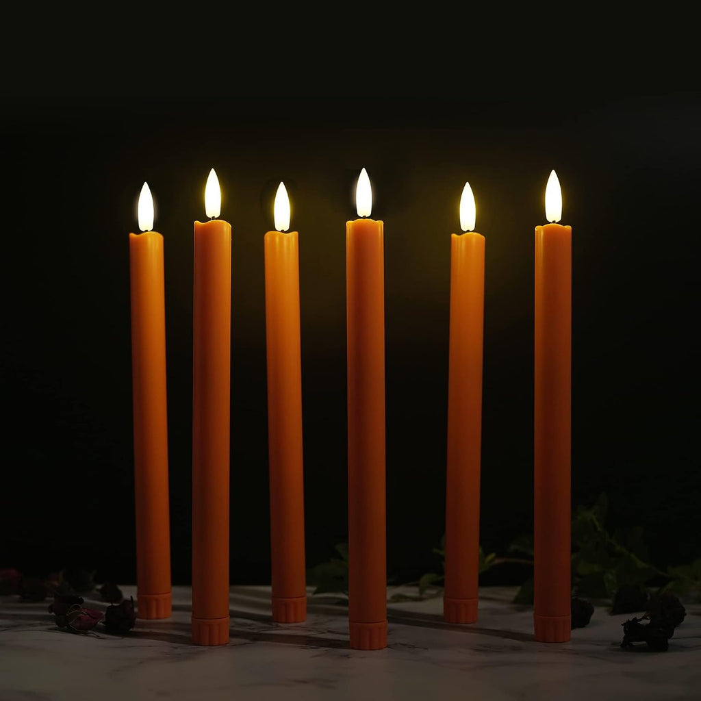 Stmarry Flameless Orange Taper Candles with Remote - 10 Inch LED Candlesticks Flickering, Realistic 3D Flame with Wick, Warm White Light, Thanksgiving Fall Autumn Decor for Home, Timer - Set of 6