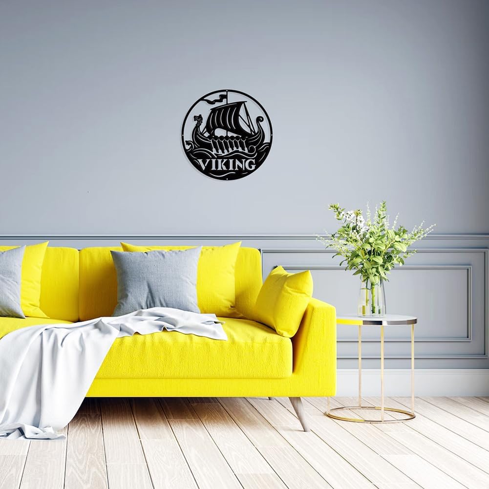NBEADS Viking Boat Metal Wall Art Decor, Round Matte Black Wall Hanging Decor Silhouette Wall Art for Home Bedroom Living Room Bathroom Kitchen Office Hotel Wall Decoration, 11.8"(30cm)
