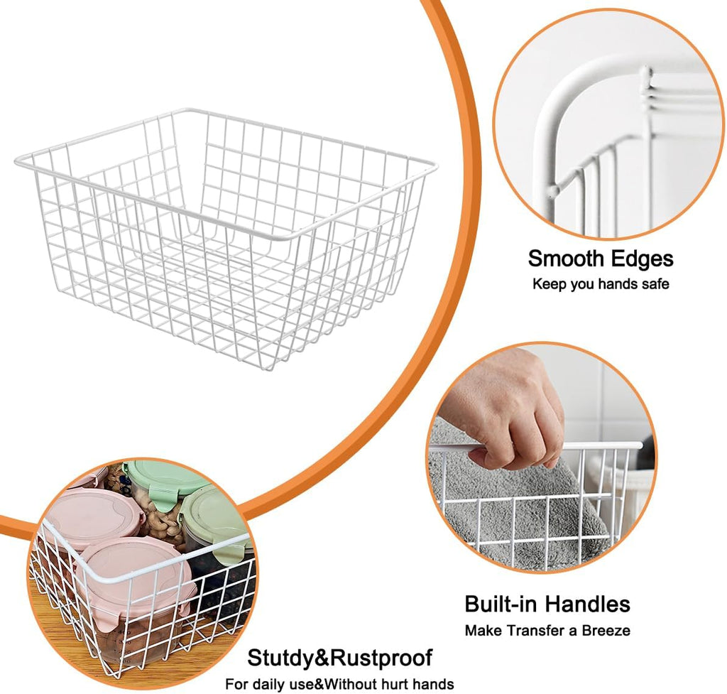 3 Pack Large White Wire Baskets for Organizing, Wire Storage Basket Metal Storage Baskets for Kitchen Cabinets, Countertop