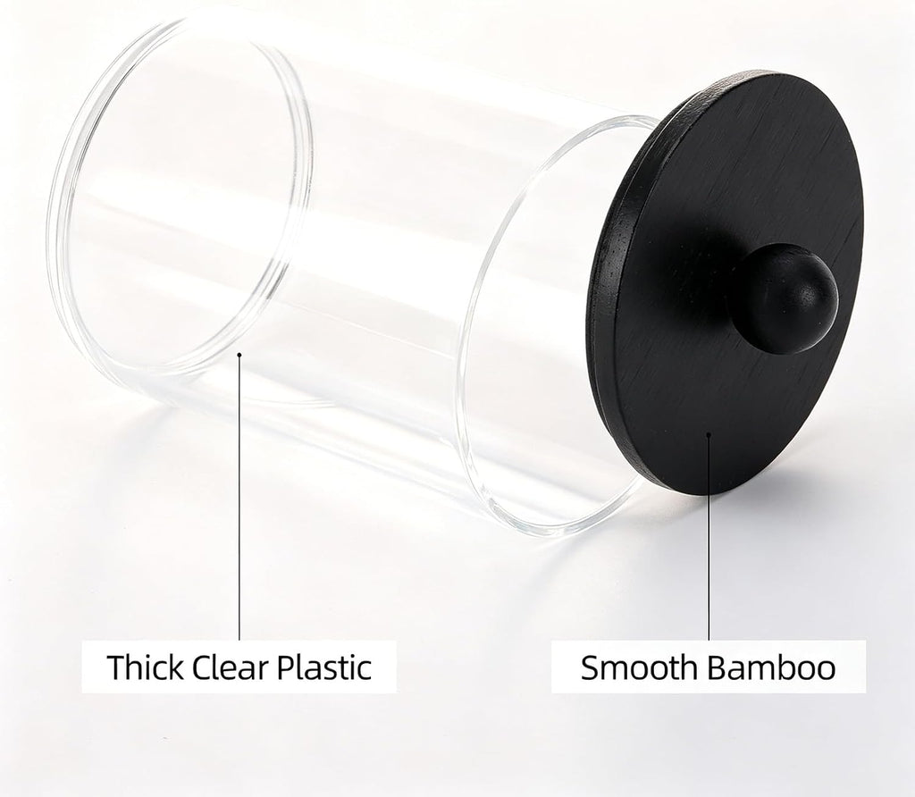 Tbestmax 3 Pack Qtip Holder, Clear Bathroom Containers Dispenser for Storage Cotton Ball, Cotton Swab 10oz Plastic Bathroom Jars with Wood Lids - Black