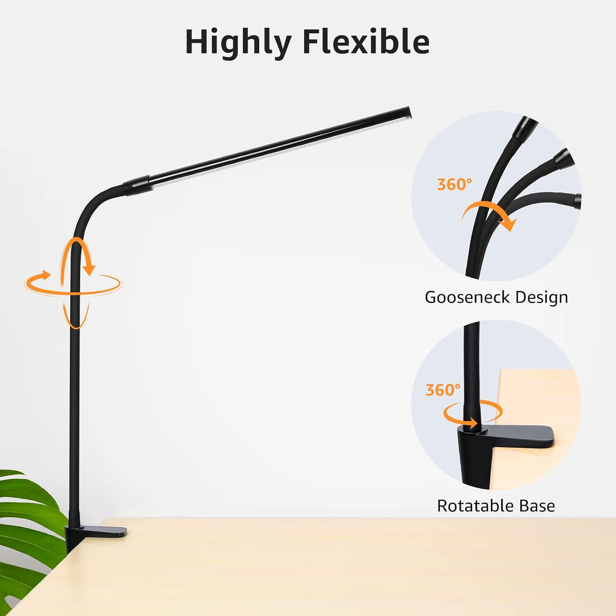 Lepro Clip on Desk Lamp, LED Reading Light with Clamp, 460LM 5W, Black