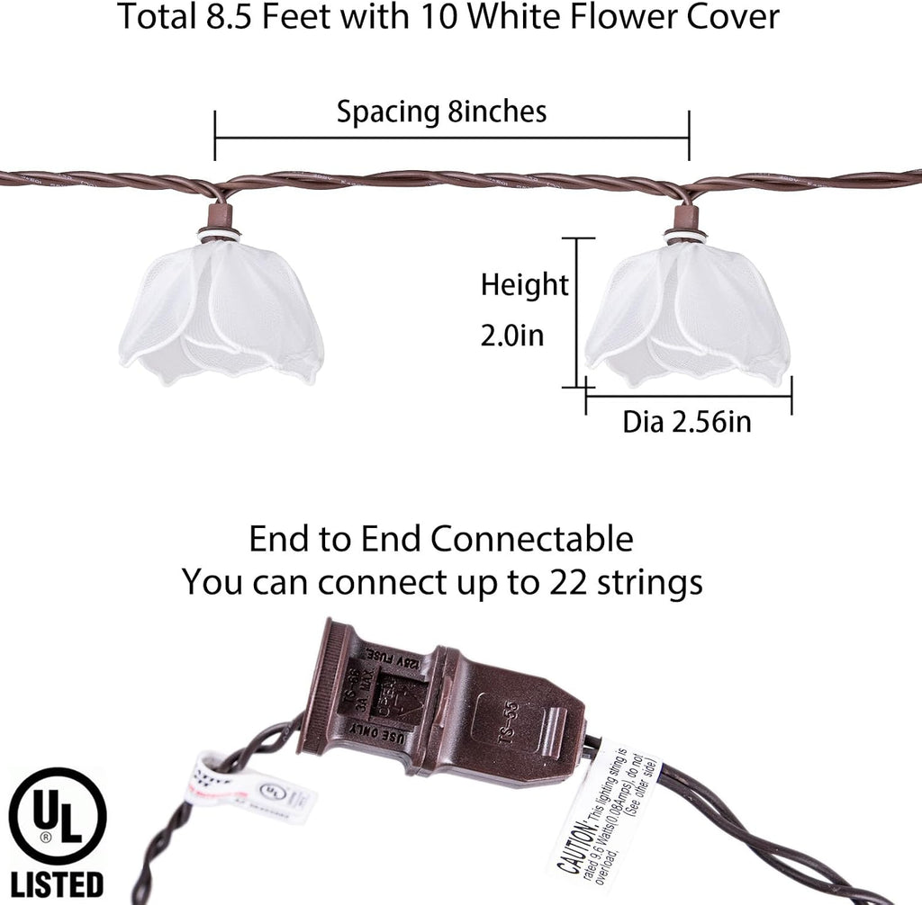 TWINKVILLA Decorative String Lights Plug in with 10 Bulbs, Flower Garland Fairy Lights Connectable Weatherproof Outdoor Indoor for Wedding Garden Pergola Bedroom Porch Floral Home Decor (White)