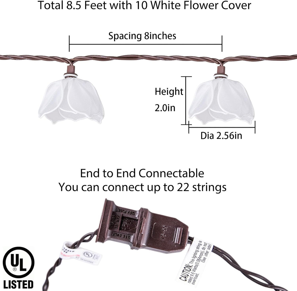 TWINKVILLA Decorative String Lights Plug in with 10 Bulbs, Flower Garland Fairy Lights Connectable Weatherproof Outdoor Indoor for Wedding Garden Pergola Bedroom Porch Floral Home Decor (White)