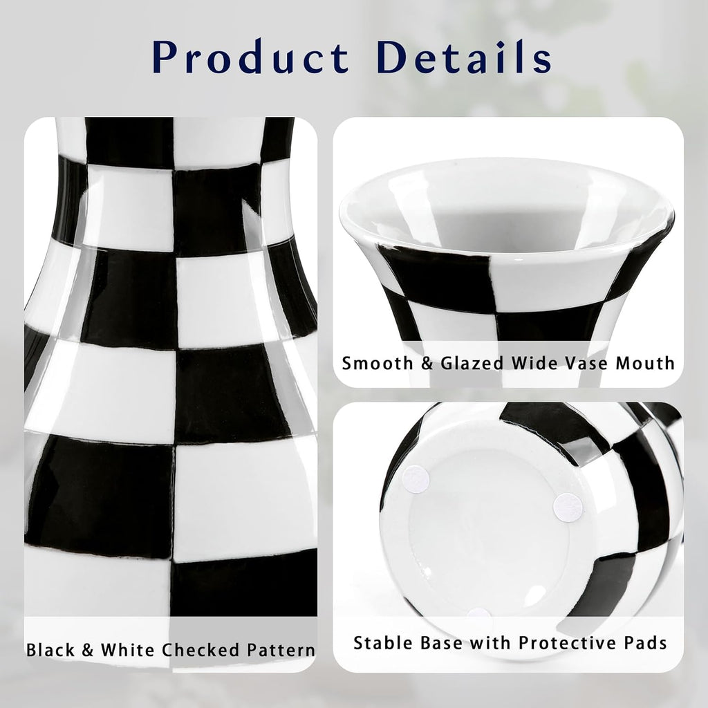 Black and White Ceramic Vase 11" Checkered Flower Vase with Wide Mouth