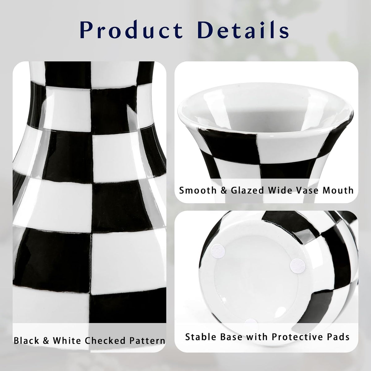 Black and White Ceramic Vase 11" Checkered Flower Vase with Wide Mouth