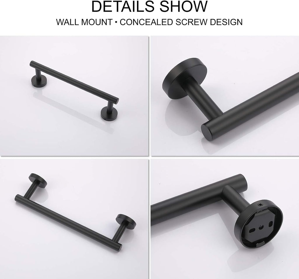 TASTOS 12 Inch Black Single Towel Bar Rack, SUS 304 Stainless Steel Round Bathroom Towel Bar Heavy Duty Towel Holder Kitchen Towel Rod, Wall Mount with Screws Towel Bar Rod Matte Black Finish