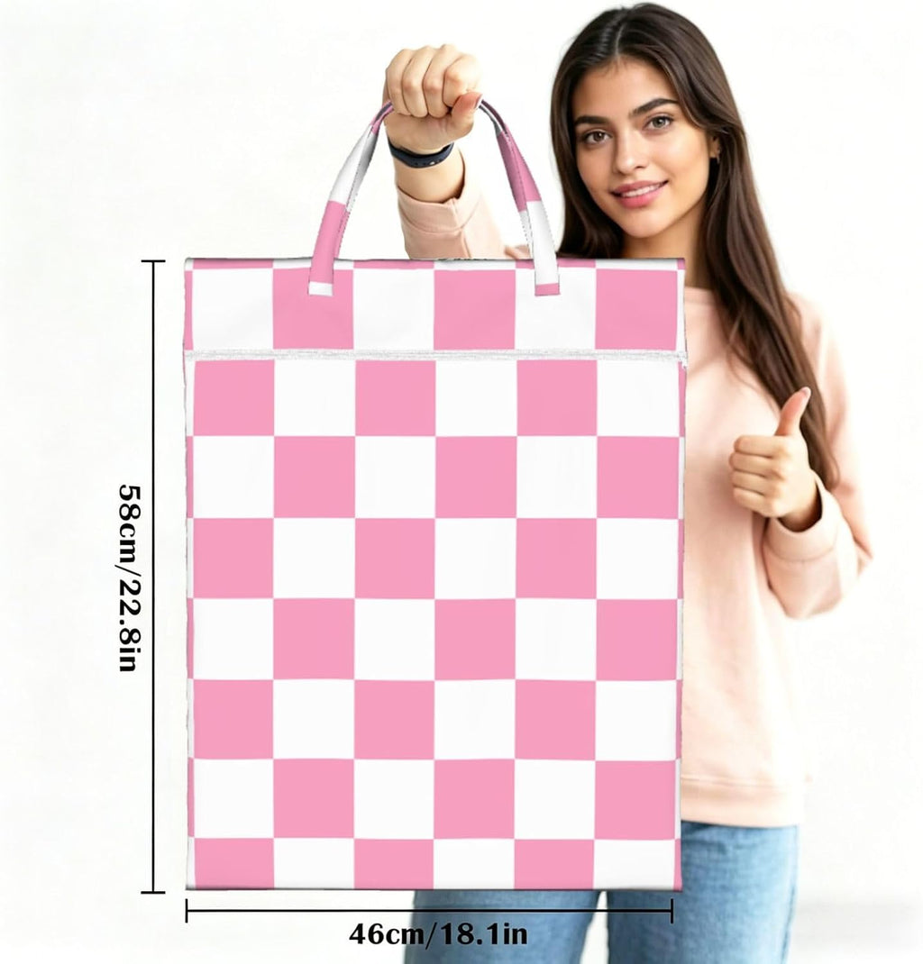 "pink and white checkerboard plaid 2-Pack Travel Laundry Bags for Dirty Clothes- Large Waterproof Laundry Tote, Wet & Dry Use, Reusable Foldable Carry Handles for Vacation, Gym & Dorm"