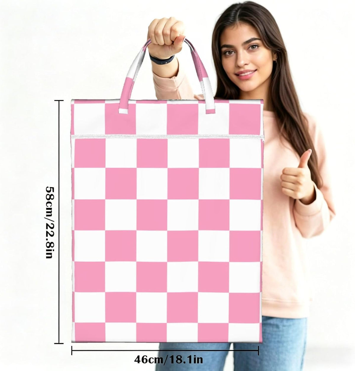 "pink and white checkerboard plaid 2-Pack Travel Laundry Bags for Dirty Clothes- Large Waterproof Laundry Tote, Wet & Dry Use, Reusable Foldable Carry Handles for Vacation, Gym & Dorm"