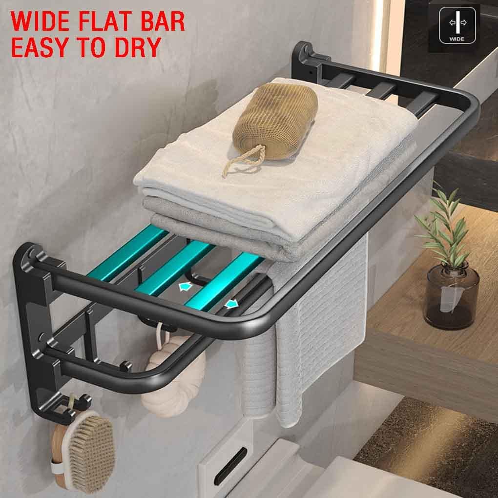 (1 Pack) Yariwiz Matte Black Towel Rack Wall Mounted No Drill and Screw Mounting, Bathroom Bath Shower Length 24 inch Double Towel Rod with Shelf Hotel Towel Rack B0503-MB