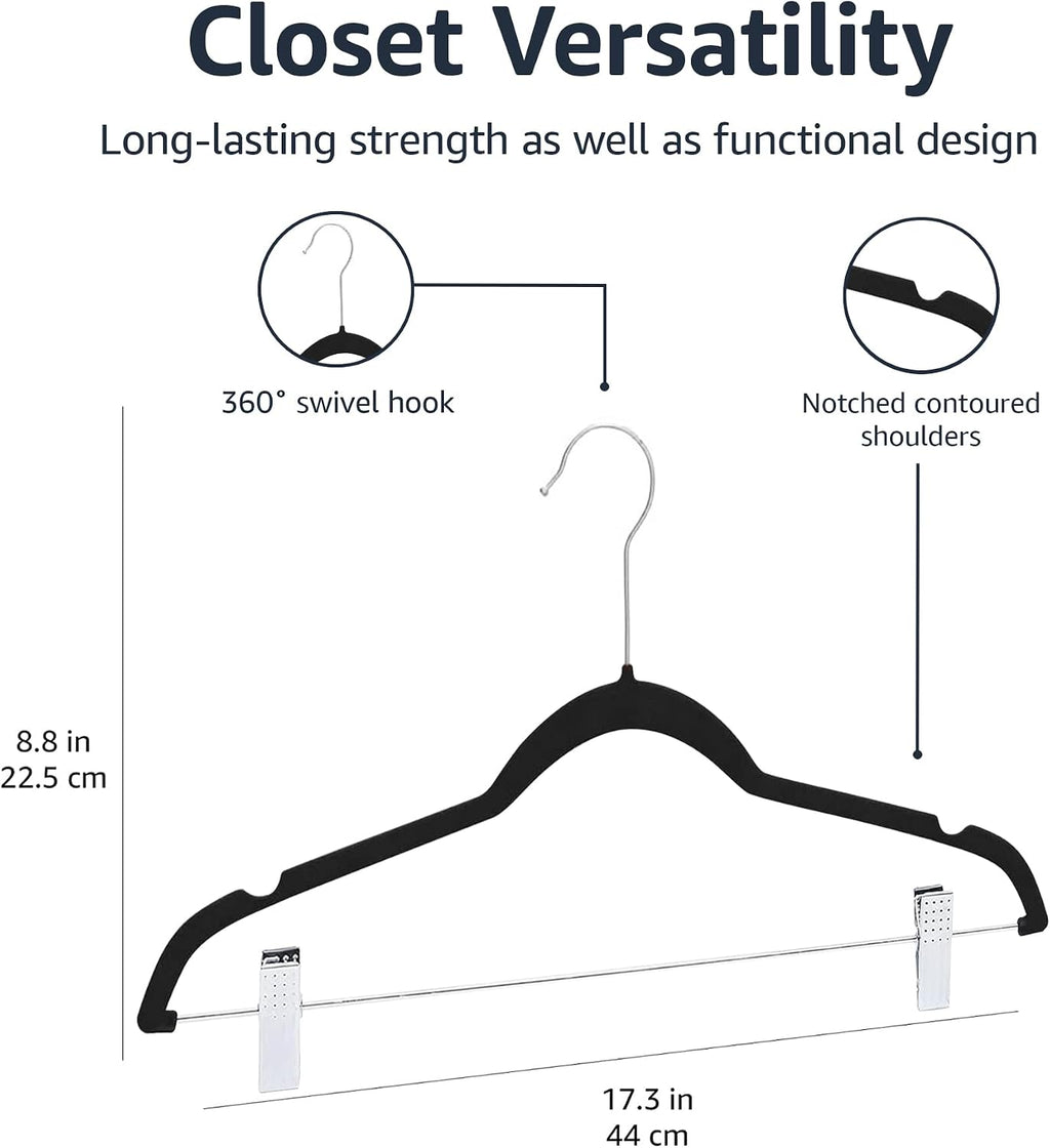 Amazon Basics Velvet Non-Slip Skirt Clothes Hangers with Clips, 360 Degree Rotatable Hook, Sturdy Construction, Organize Pants and Skirts, Black/Silver, 50-Pack