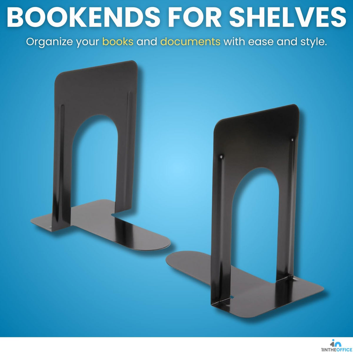 1InTheOffice Bookends for Shelves, Metal Bookends, 4 3/4" x 5 1/4" x 5", Non-Slip, Black, 4 Pack