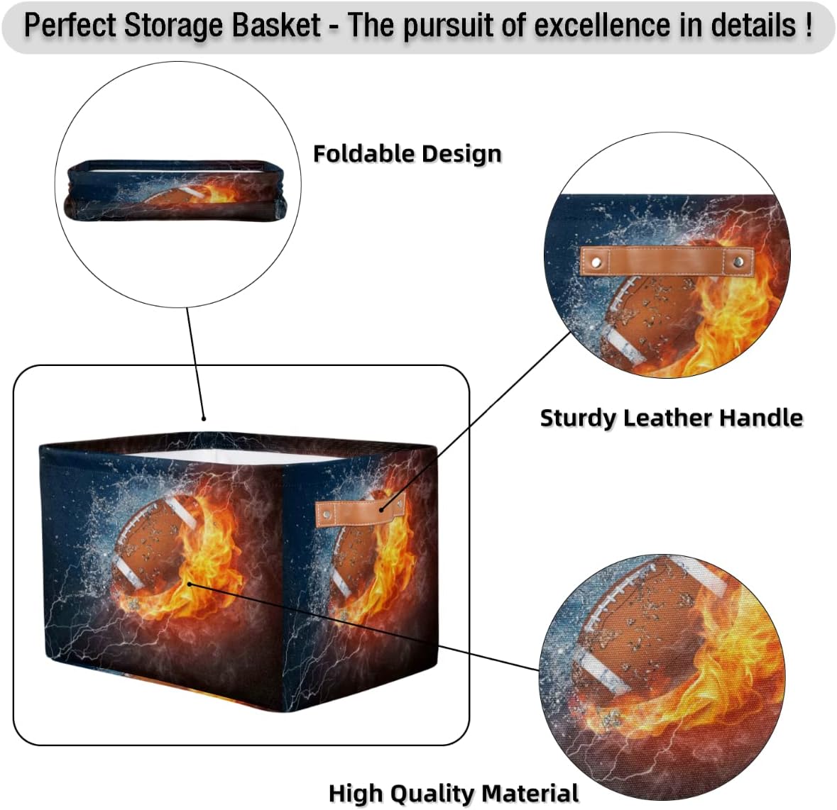 Large Storage Baskets for Organizing Shelves Sport Ball American Football Foldable Cube Storage Bins with Handles Rectangle Fabric Closet Organizers for Home Toys Clothes, 1 Pack