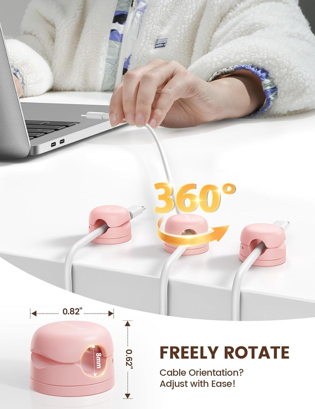 Lamicall 6 Pack Pink Rotatable Spring Cord Organizer Cable Clips