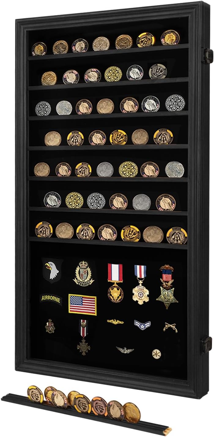 Oversized Military Challenge Coin Display case for Badges & Ribbons Black