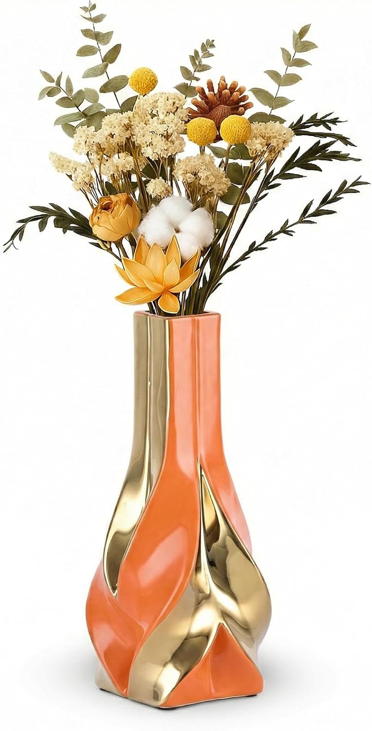 10.6" Orange and Gold Ceramic Vase, Modern Geometric Flower Vase for Dining Table Centerpiece, Elegant Decorative Vase for Pampas Grass, Living Room, Bedroom, Office, Tabletop Decoration