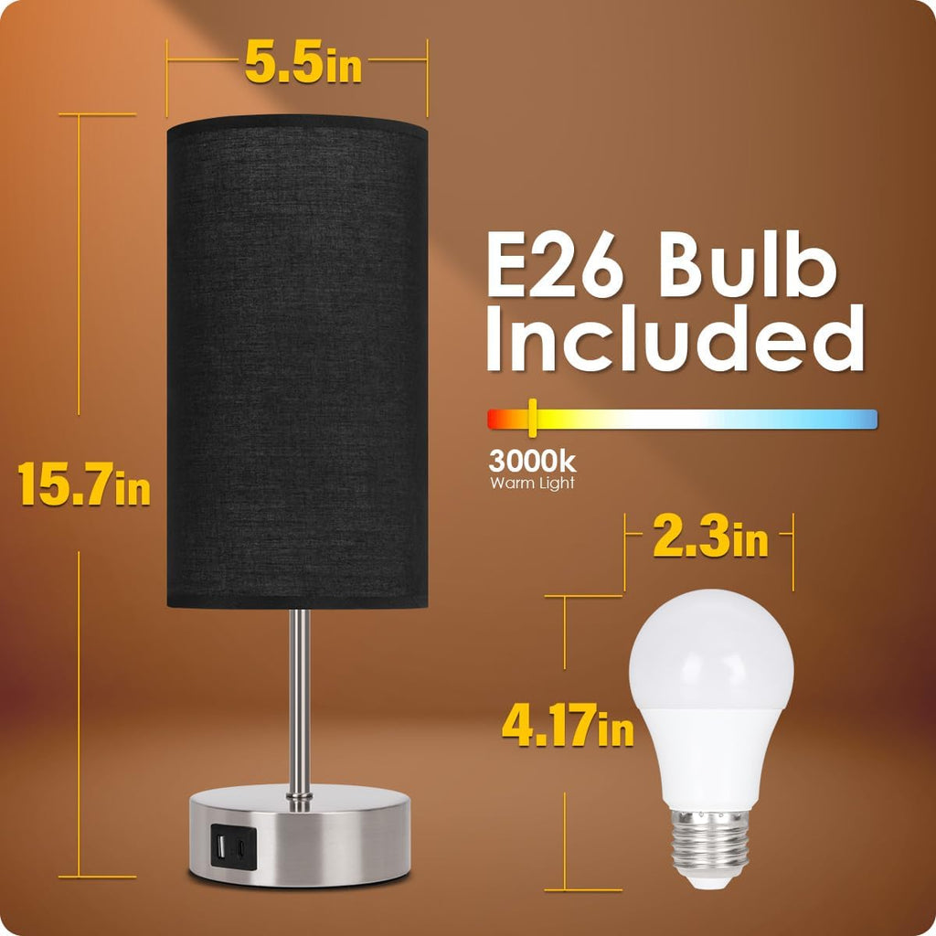 Yarra-Decor 【Upgraded Bedside Lamp with USB A+C Charging Ports & AC Outlet Touch Control Table Lamp for Bedroom 3 Way Dimmable Nightstand Lamp with Black Shade for Home,Office, Dorm(Bulb Included)