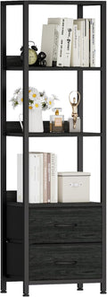 Furnulem 4 Tier Corner Shelf,Black Narrow Bookshelf with 2 Storage Drawers