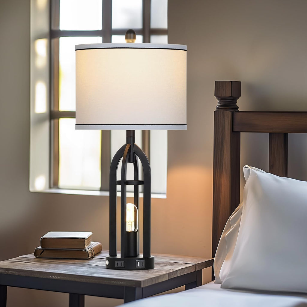 27" Black Table Lamp for Living Room,Black Table Lamps Set of 2 with USB & AC Outlet, 3-Way Dimmable Farmhouse Lamps for Night Stands, Vintage Bedside Lamp for End Tables, Nightstand Lamps for Bedroom