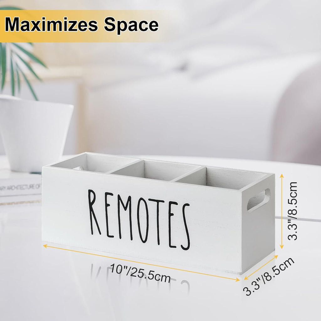 Remote Control Holder for Table, Wooden TV Remote Holder, Remote Storage Box Organizer, Remote Caddy for Bedside, Couch- White (3 Compartments)